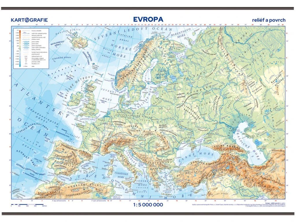 Evropa - reliéf a povrch 1:5 000 000