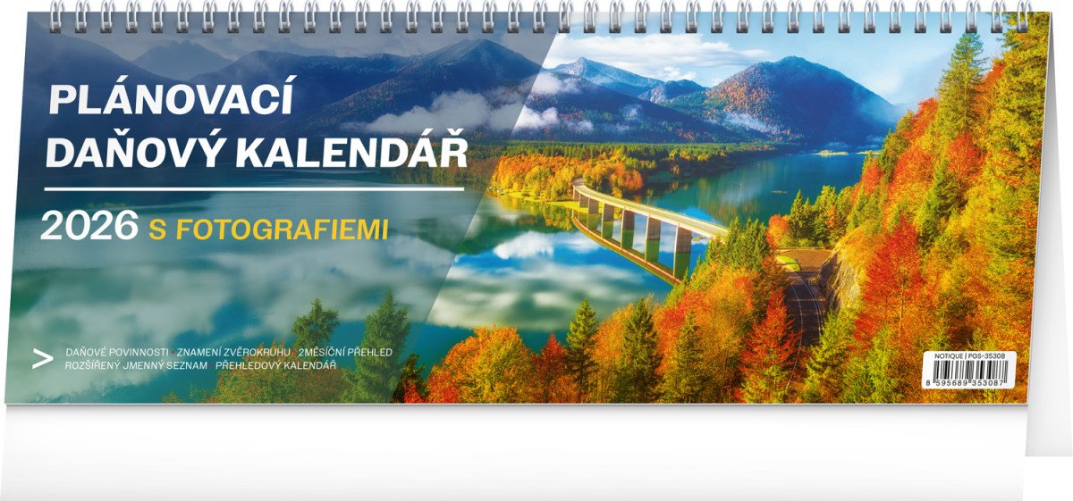Kalendář 2026 stolní: Plánovací daňový s fotografiemi, 33 x 12,5 cm