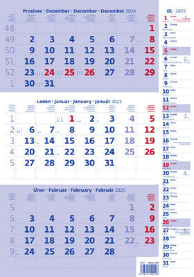 Tříměsíční kalendář modrý s poznámkami 2025 - nástěnný kalendář